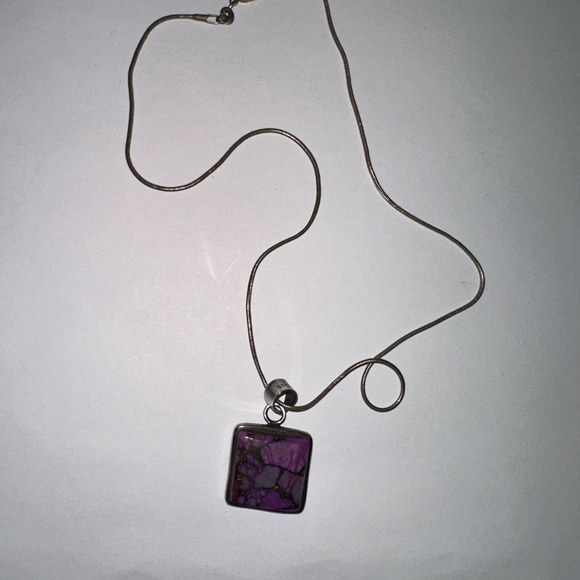 Purple Stone Pendant Necklace – Silver Chain – Unique Marbled Look - Picture 2 of 7
